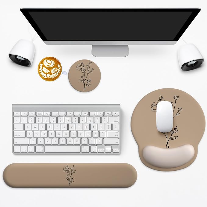 3 in 1 Ergonomic Mouse Pad and Keyboard Wrist Rest with Coaster Set-Brown | Cute Large Mousepad with Gel Wrist Support for Gaming Computer Laptop Women Office Home Desk Decor