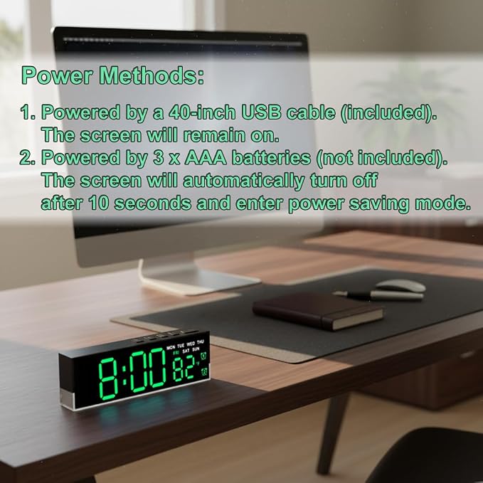 zyzamay 7-Inch Modern LED Digital Alarm Clock with Dual Alarms & Soft Bottom Light|Displays Time, Date, Day, Temperature |3-Level Auto/Manual Brightness, DST, USB or Battery Powered Desk Clock,Green