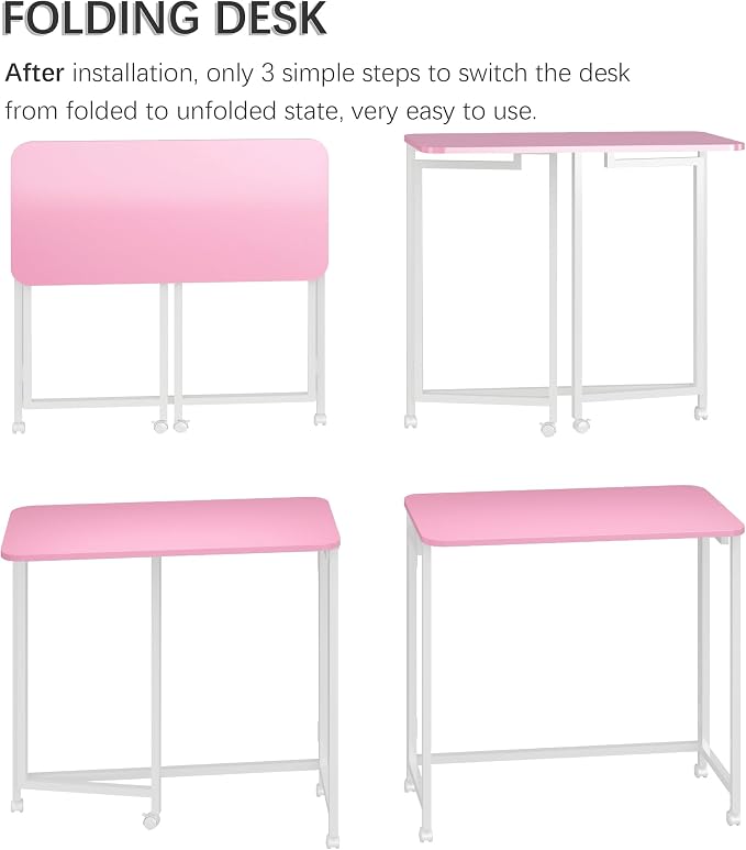 4NM 31.5" Mobile Small Rolling Computer Desk, Folding Laptop Cart Table with Wheels, Portable Office Desk for Small Space Couch Bed - Pink and White
