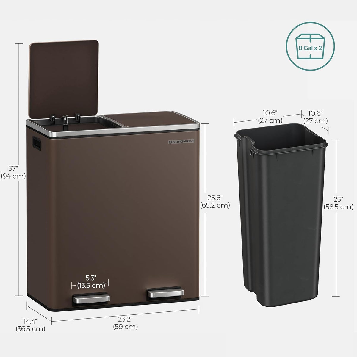 SONGMICS Trash Can, 2 x 8 Gallon (2 x 30 L) Garbage Can for Kitchen, with 15 Trash Bags, 2 Compartments, Plastic Inner Buckets and Hinged Lids, Airtight, Brown ULTB60BR