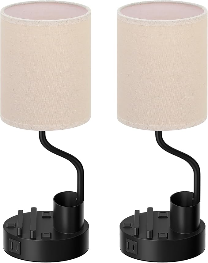 Bedside Lamps for Bedroom Set of 2 - Table Desk Lamp for Nightstand | 15" Table Lamp for Living Room with Pen Holder & Phone Stand, USB A+C Port, AC Outlet, 3 Color Temperature, LED Bulb Included
