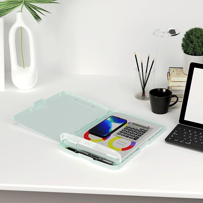 Piasoenc Clipboard with Storage, 8.5 x 11 Clip Board with Pen Holder, Blue | High Capacity, Heavy Duty Plastic Organization Box for A4 Legal Paper Folder, Folio & Side-Opening Nurses, Teachers, Student