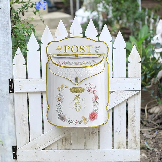 Wall Mount Mailbox for Outside Vintage Mail Boxes for House Outside Metal Door Mailbox Drop Box Antique Style Nostalgic Charm Home Decorative, Bee Pattern, White
