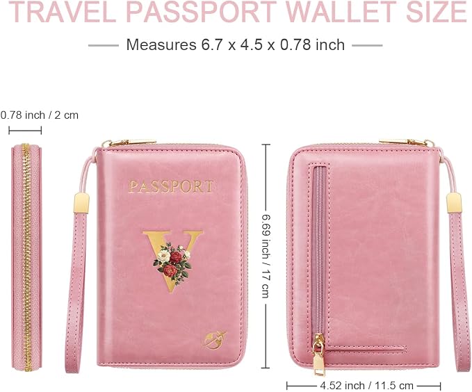 Passport Holder for Travel Personalized Wallet with Wristlet Women | All-in-One Passport Cover, RFID Blocking, Back Coin Pocket, Paper Money Slot, Zipper Closure, Roses Initial Letter, Pink V