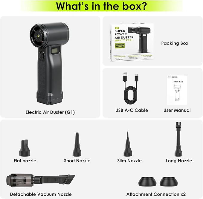 Electric Compressed Air Duster, 300,000RPM Cordless Air Blower for Dust Removal, Duster/Vacuum 2-in-1 with 10 Speeds, 20000mAh Rechargeable & 5 Nozzles Dust Blower for PC, Keyboard, Car, Outdoor