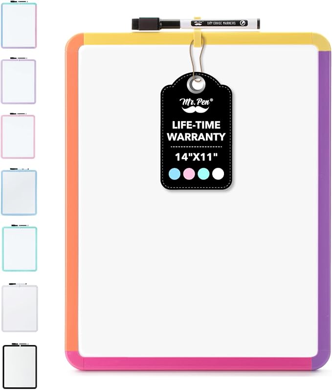 Mr. Pen- Dry Erase Board, 14” x 11” with a Black Dry Erase Marker | Colorful Frame, Small Mini White Board for Students, Fridge, Wall, Locker, Includes Double Sided Tapes