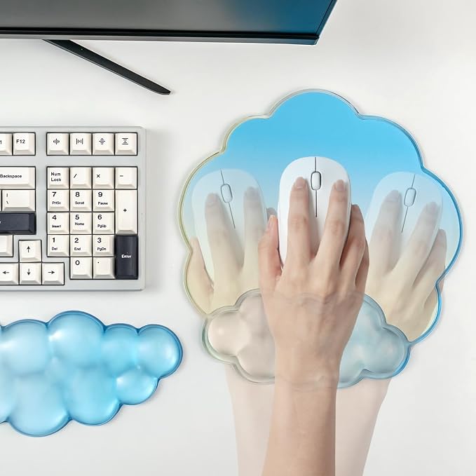 Keyboard Wrist Rest with Cloud Mouse Pad - Gradient Blue Ergonomic Gel Cloud Mouse Pad with Non-Slip Base, Cute Office Accessories for Desktop/Latop/Home/Office