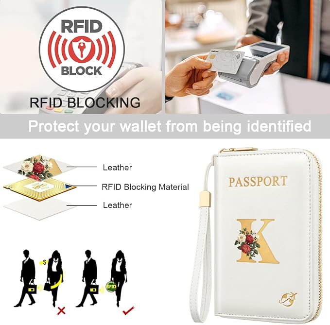 Passport Holder for Travel Personalized Wallet with Wristlet Women | All-in-One Passport Cover, RFID Blocking, Back Coin Pocket, Paper Money Slot, Zipper Closure, Roses Initial Letter, White K