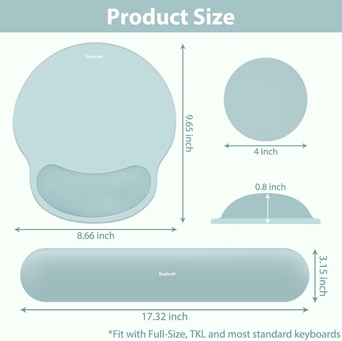 Mouse Pad and Keyboard Wrist Rest, 3-in-1 Gel Memory Foam Ergonomic Mouse Pad with Wrist Rest Set, Gaming Mousepad Arm Cushion Support for Computer Office Desk Accessories Cute, Seafoam Blue