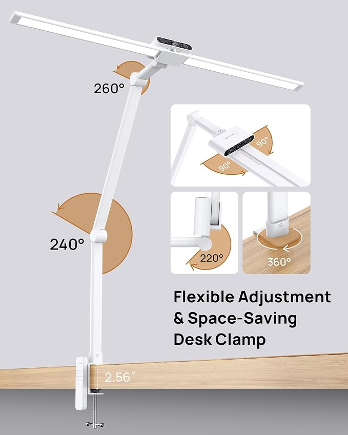 TROND LED Desk Lamp with Clamp, 29.55'' Tall Desk Light with Remote, White | 1500LM Bright Table Lamp, Swing Arm Clip on Light, Eye-Caring, Touch Control Dimmable for Home Office Monitor Reading