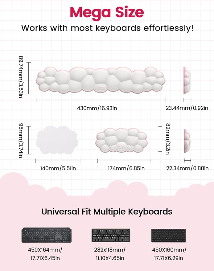 Vaydeer Cloud Keyboard Wrist Rest Set – Ergonomic Memory Foam Wrist Pad for Computer, Laptop & Gaming, Non-Slip Cute Desk Accessories for Office(Keyboard Rest + Mouse Rest + Coaster)