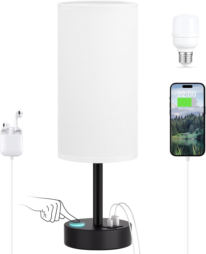Dicoool Bedside Table Lamp for Bedroom - 3-Way Dimmable Touch Lamp, USB A+C | LED Bulb Included, 14" Small Nightstand Lamp for Desk, Living Room, Guest Room, White Fabric Lampshade, Black Metal Base
