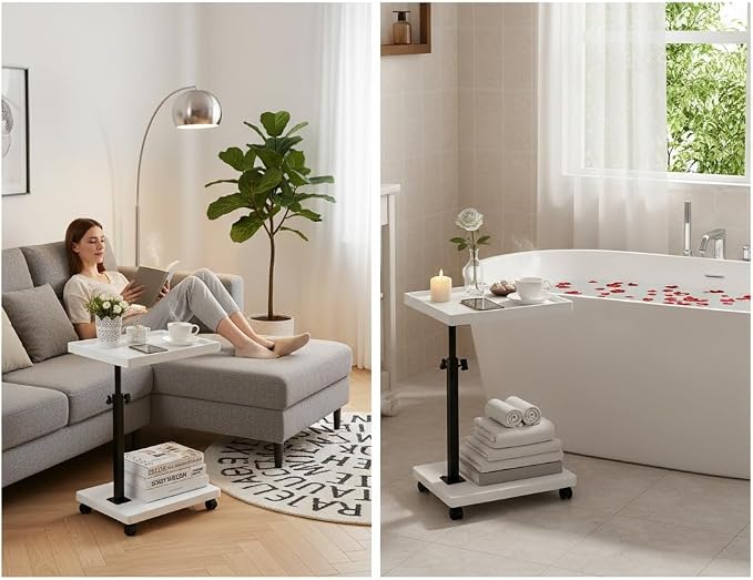 C Table End Table Adjustable Height,C Shaped End for Couch,Snack Tables,360°Swivel TV Tray Sofa Table,Tables that Slide Under,Coffee SideTable for Bed,Chair,Bath-tub (White Grain Color)