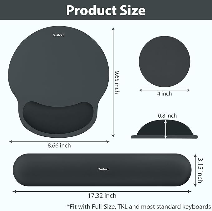Mouse Pad and Keyboard Wrist Rest, 3-in-1 Gel Memory Foam Ergonomic Mouse Pad with Wrist Rest Set, Gaming Mousepad Arm Cushion Support for Computer Office Desk Accessories Cute Setup, Charcoal