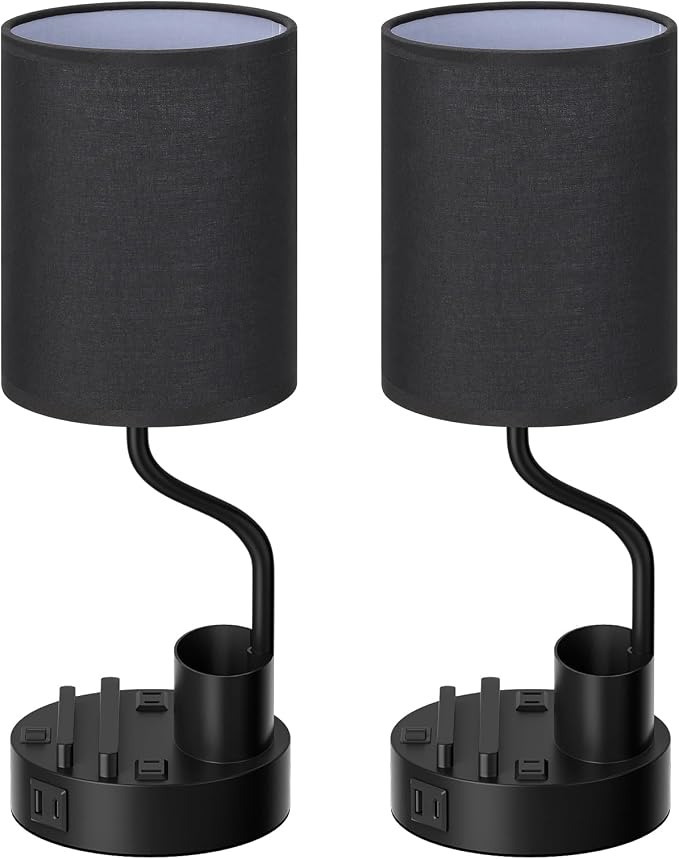 Bedside Lamps for Bedroom Set of 2 - Table Desk Lamp for Nightstand | 15" Table Lamp for Living Room with Pen Holder & Phone Stand, USB A+C Port, AC Outlet, 3 Color Temperature, LED Bulb Included