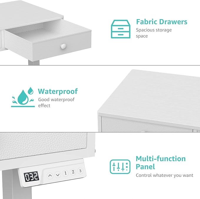 KLUVIS Electric Standing Desk with Drawers, 32 Inch White Small Height Adjustable Sit Stand Desk with Storage for Small Space Home Office Bedroom, Study Writing Stand up Computer Desks for Girls Work