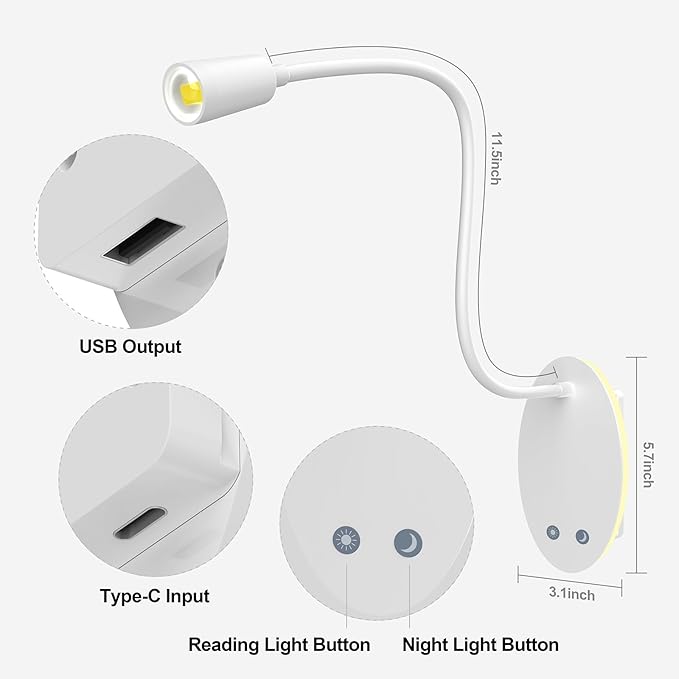 Rechargeable Cordless Reading Light, 360° Adjustable Bedside Lamp, 3 Color Stepless Dimming Night Light, 40H Runtime with Eye-Care, Memory Function, USB Output, Wall-Mounted & Detachable(2pcs)