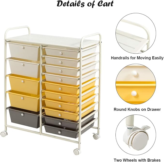 RELAX4LIFE 15 Drawer Rolling Storage Cart, Mobile Drawer Carts for Craft Art Supply Paper Salon, Utility Cart on Wheels for Classroom Teacher School Office, Rolling Cart with Drawers (Yellow)