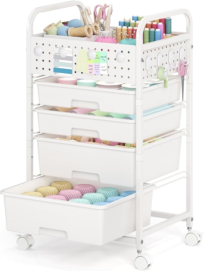 SYKIARIOL 4 Drawer Rolling Storage Cart with Pegboard Top and Hooks, White | Mobile Organizer Cart with Wheels for Office Supplies, Craft Storage, Classroom Organization, Home Utility Cart