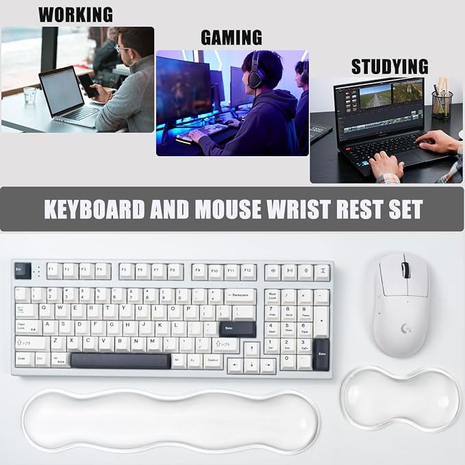 Ergonomic Gel Keyboard and Mouse Wrist Rest Set – Clear Wrist Support for Keyboard 60%/68%/75%, Comfort & Support for Typing and Gaming (White)