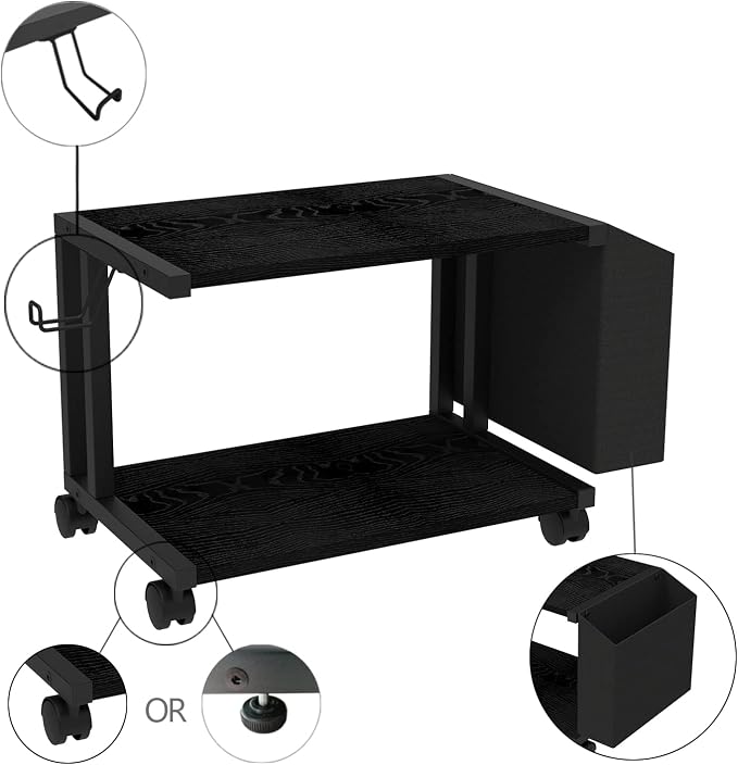 VEDECASA 2 Tier Black Printer Stand with Storage Bag for Home Office Desktop Printer Table Underdesk Organizer Mobile Printer Shelf with Caster Wheel (Black)