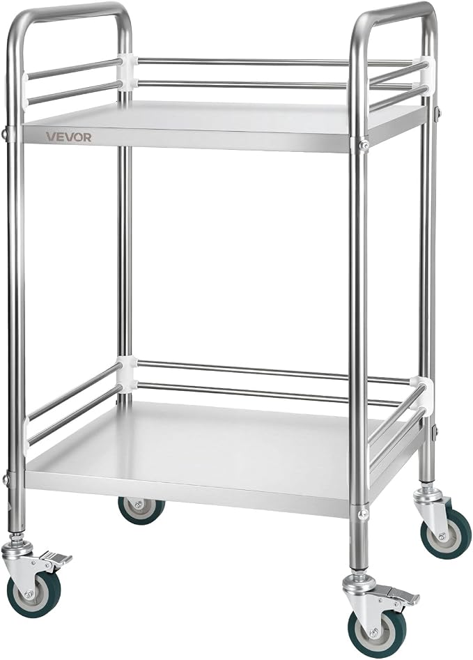 VEVOR Stainless Steel Rolling Cart, 2-Tier Metal Utility Cart with Lockable Wheels, Medical Serving Trolley Clinic Tray, Mobile Service Cart for Hospital, Lab, Restaurant, Kitchen, Salon