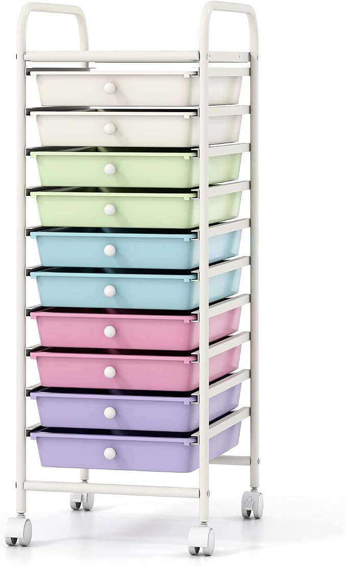 GIANTEX 10 Drawer Storage Cart, Rolling Craft Cart w/Metal Tabletop | Mobile Utility Organizer Trolley with Locking Wheel, Storage Drawer Unit for Home Office, Play Room, Pastel Ice Cream