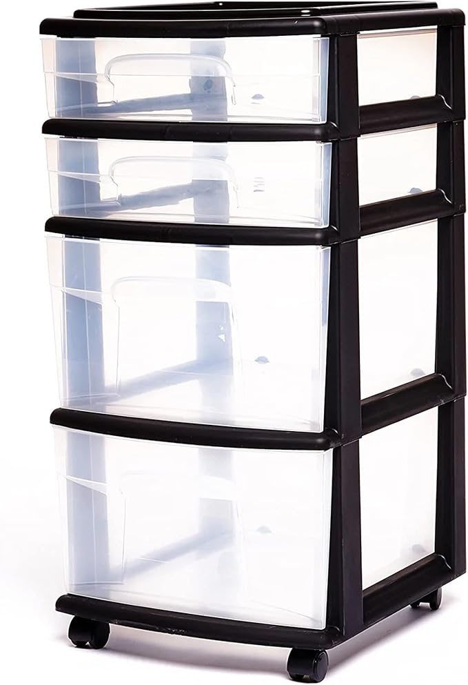 HOMZ Drawer Tower, 4-Tier Cart w/Removable Wheels, Black Frame, 2-Pack | Clear Plastic Rolling Drawers for Home, Bathroom, Bedroom, Office & Classroom