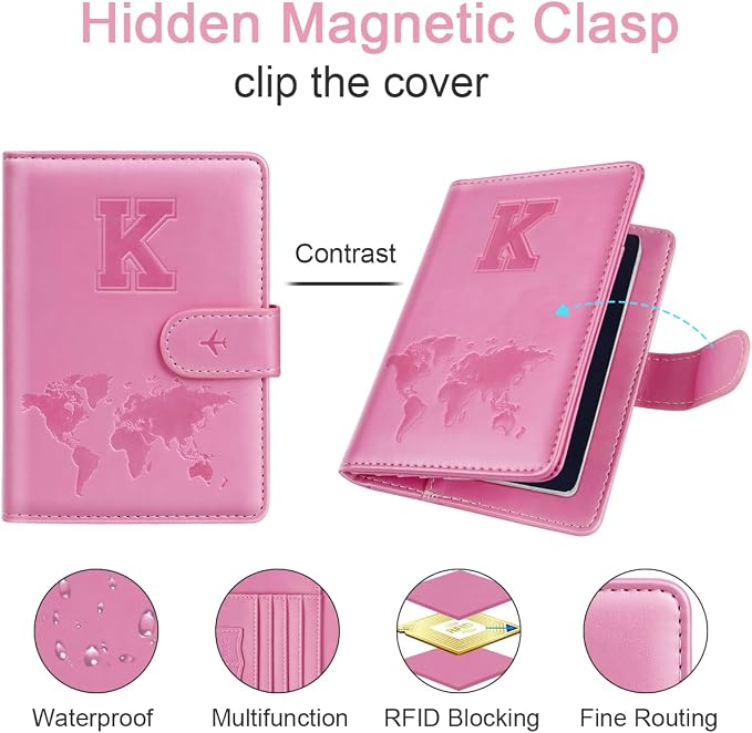 Passport Holder Cover Initial Letter A-Z Travel Wallet Personalized | Travel Essentials, Embossed Design, RFID Blocking, Personalized Gift, Passport Book Holders for Women Girls, Pink-K