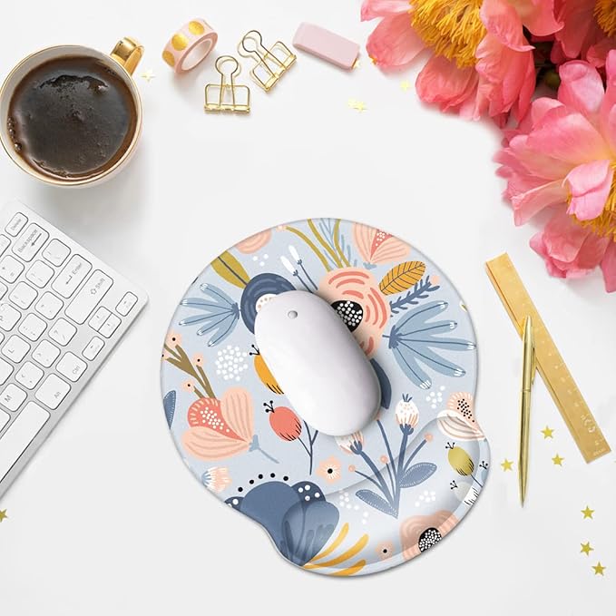 WAVEYU Ergonomic Mouse Pad with Wrist Support, Cute Pretty Mouse Mat for Women Girls Non-Slip Rubber Base Mousepad for Desk Laptop Gaming Working Computers Easy Typing & Pain Relief, Blue Flower