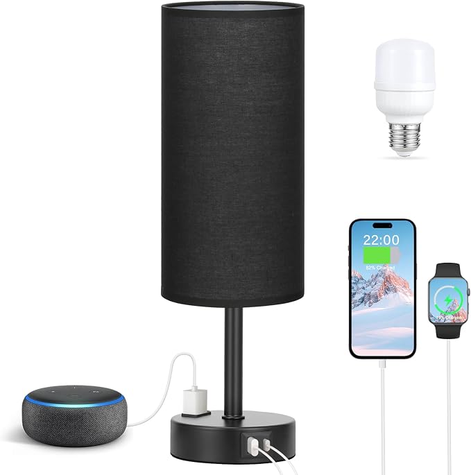 Black Bedside Lamp for Bedroom, Dimmable Touch, USB A+C, AC Outlet | 3-Way Dimmable, LED Bulb Included, USB C+A Charging Ports, Black Fabric Lampshade, Metal Base, 14in Small Table Lamp