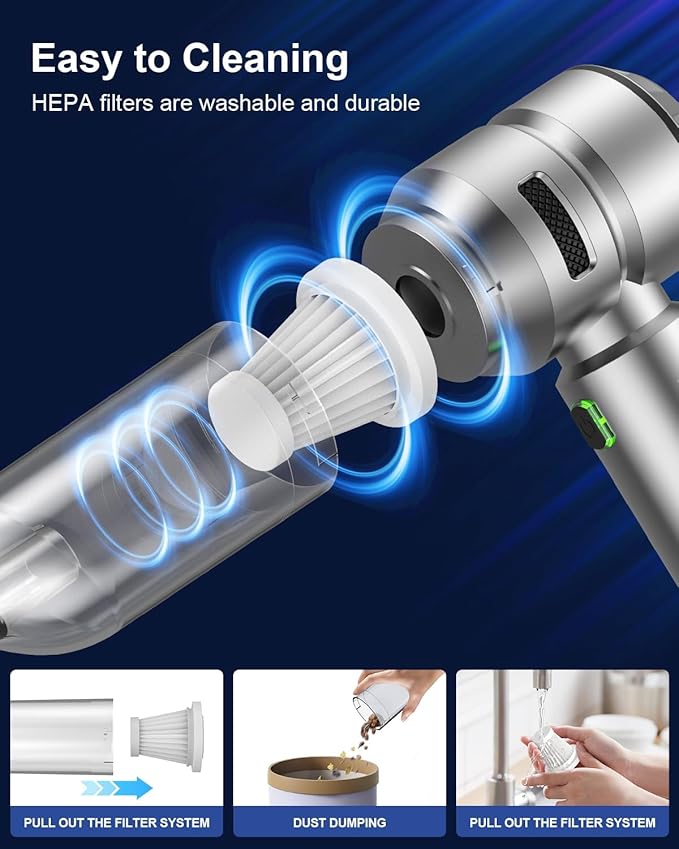 Car Vacuum,3 Suction Modes,Portable Mini Cordless Cleaner with 21000pa Suction Power,Type-C Charge,Handheld Vacuum for Home,Car, Office Desk, Keyboards(Fantasy Silver)