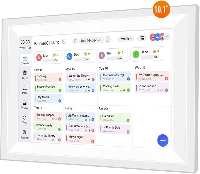 10.1" Smart Digital Wall Calendar Interactive Display for Family Schedules Wall Planner with Chore Charts Meal Planning Task Rewards 32GB Storage 1280x800P IPS Touchscreen Digital Picture Frame White