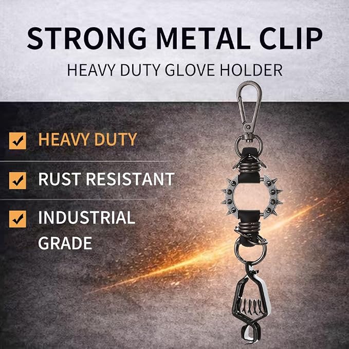 Heavy Duty Glove & Hat Clip with Carabiner, All-Metal Spring Clamp Work Glove Holder for Tool Belt, Harness, Backpack