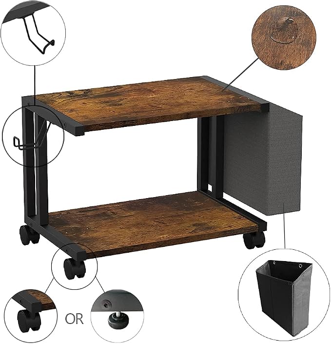 VEDECASA 2 Tier Rustic Brown Wooden Under Desk Printer Stand with Storage Bag for Home Office Desktop Printer Table Organizer Mobile Printer Shelf Cart with Caster Wheel