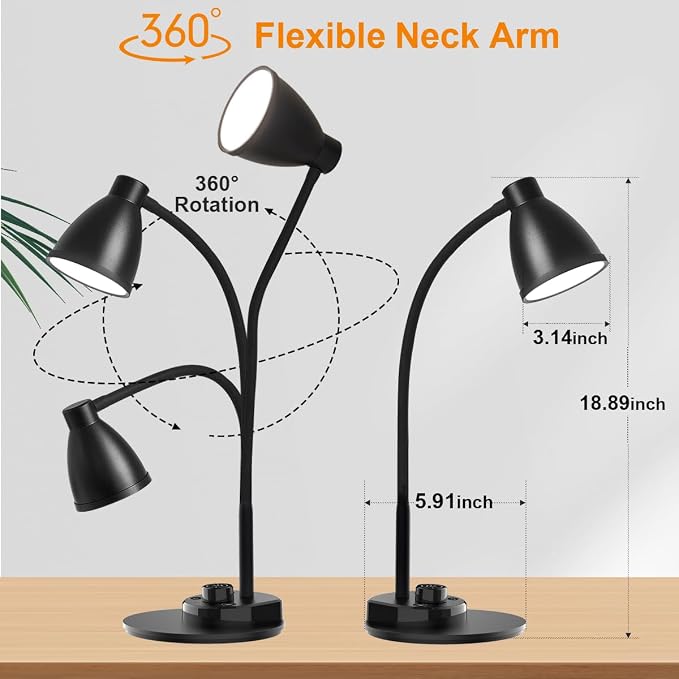 BOHON LED Desk Lamp with USB Charging Port 3 Color Modes Dimmable, Black | Reading Light Intelligent Induction Auto Dimming Task Lamp Neck Flexible Table Lamp for Bedside Office, AC Adapter Include
