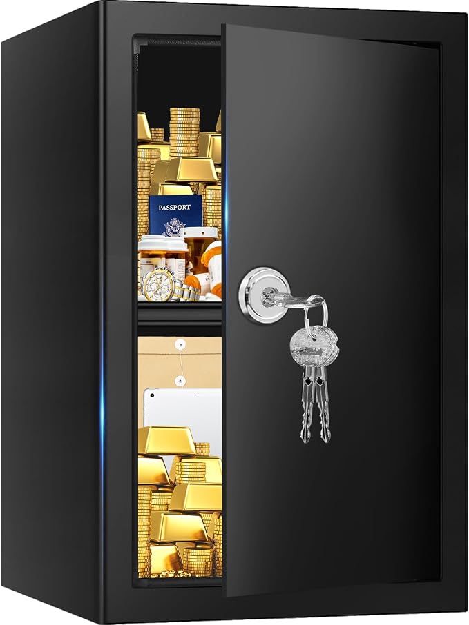 2.6 Cubic Feet Fireproof Safe Box with Key Lock, Hidden Steel Security Box with Removable Shelf for Cash, Documents and Passports, Personal Safes for Home/Office, 13.78" W x 12.99" D x 16.54" H