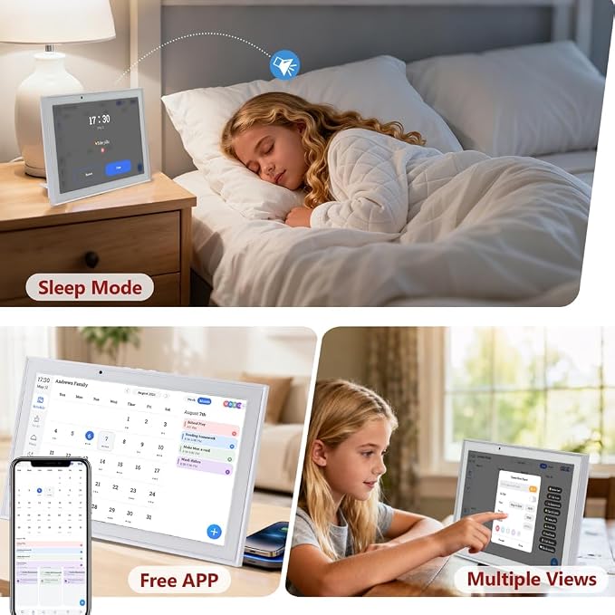 Digital Calendar 10.1 Inch Smart Electronic Planner, IPS Touch Screen, 32GB, Electronic Slideshow, Wall-mounted with Third-Party Calendar Sync, Chore Tracker, Meal Plan & Photo Display, Gifs for Mom