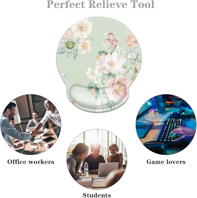 WAVEYU Ergonomic Mouse Pad with Wrist Support, Office Mousepad with Wrist Rest, Computer Gaming Mouse Pad for Laptop, Pain Relief Mouse Mat with Non-Slip Rubber Base, 9''x 10'', Green Flower 02