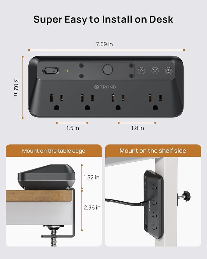 TROND LED Desk Lamp with Clamp Power Strip, 6ft Flat Plug Extension Cord | Eye Caring Desk Light with 4 Surge Protector Outlet, 15 Lighting Mode, Gooseneck for Home Office College Dorm Room Essentials