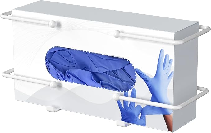 Glove Box Dispenser Wall Mount, Metal Tissue Holder, White | Wall Mount Glove Holder Organizer for Disposable Glove Box & Tissue Box, For Lab, Kitchen, Bathroom, Garage