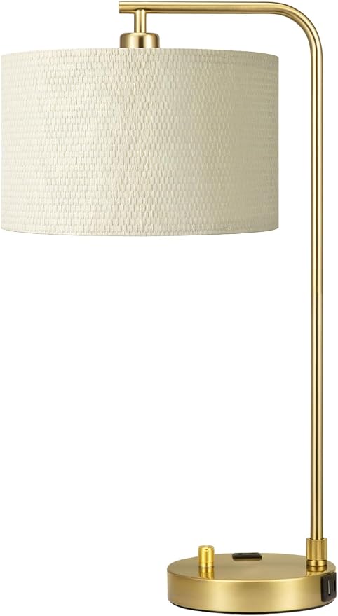Innqoo Gold Table Lamp with Weaving lampshade, Table Lamp for Bedroom with USB Port and Outlet, Dimmable Nightstand Bedside Lamps with Linen Lampshade, Desk Lamp for Home Office, Living Room