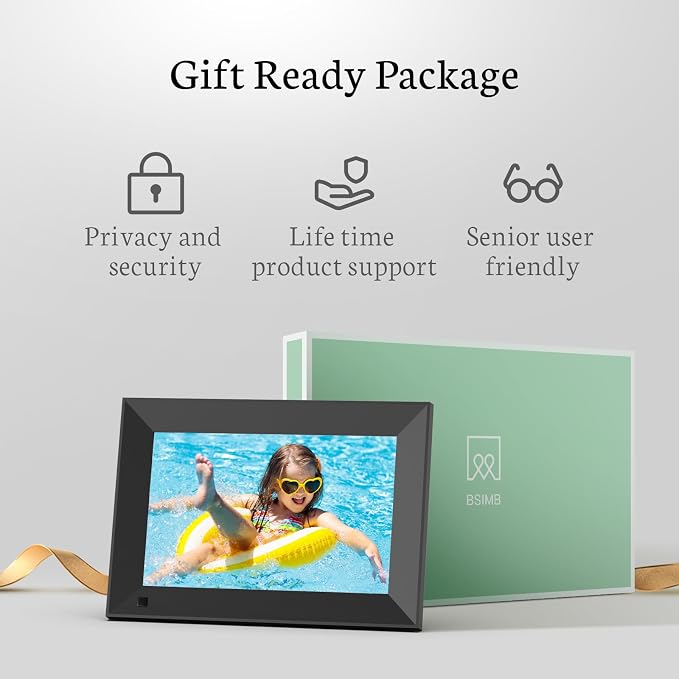 BSIMB 8 Inch Digital Picture Frame Touch Screen, 1280x800 HD WiFi Electronic Photo Web Frame Display 16GB, Share Pictures/Videos via App/USB/SD Easy Setup Gifts for Mom, Auto-Rotate, Solid Black