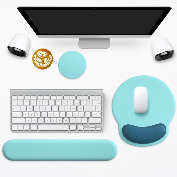 3 in 1 Ergonomic Mouse Pad and Keyboard Wrist Rest with Coaster Set-Blue | Cute Large Mousepad with Gel Wrist Support for Gaming Computer Laptop Women Office Home Desk Decor