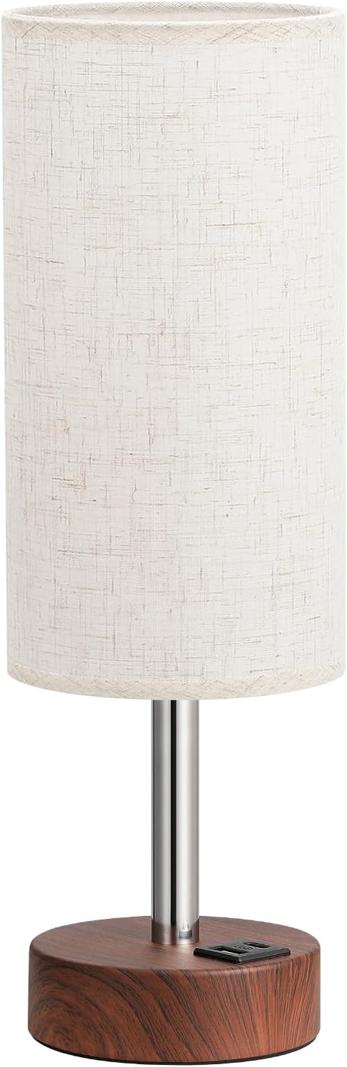 Dicoool Bedside Table Lamp for Bedroom - 3-Way Dimmable Touch Lamp, USB A+C | LED Bulb Included, 14" Small Nightstand Lamp for Desk, Living Room, Guest Room, Cream Fabric Lampshade, Redwood Metal Base