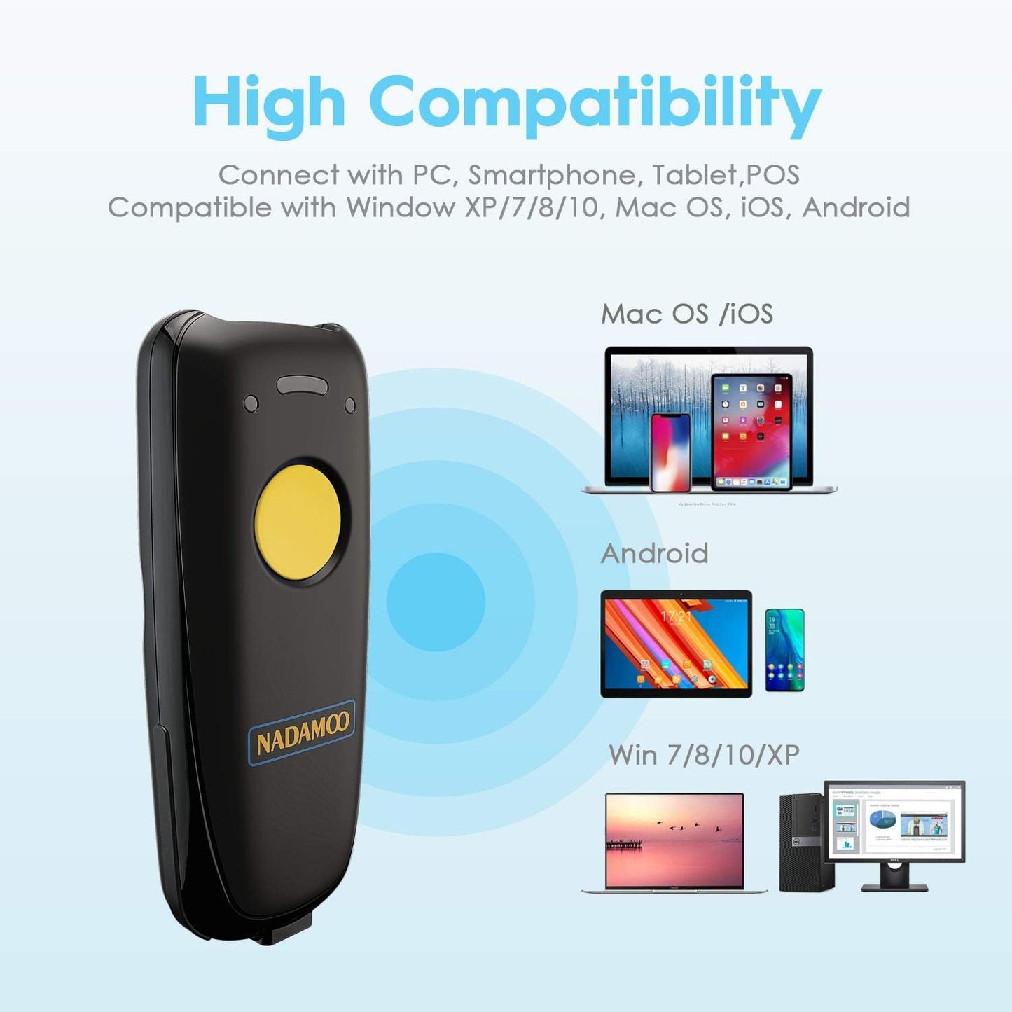 NADAMOO 2D Wireless Barcode Scanner Compatible with Bluetooth, Portable USB 1D 2D QR Code Scanner for Inventory, Bar Code Image Reader for Tablet iPhone iPad Android iOS PC POS, with Charging Dock