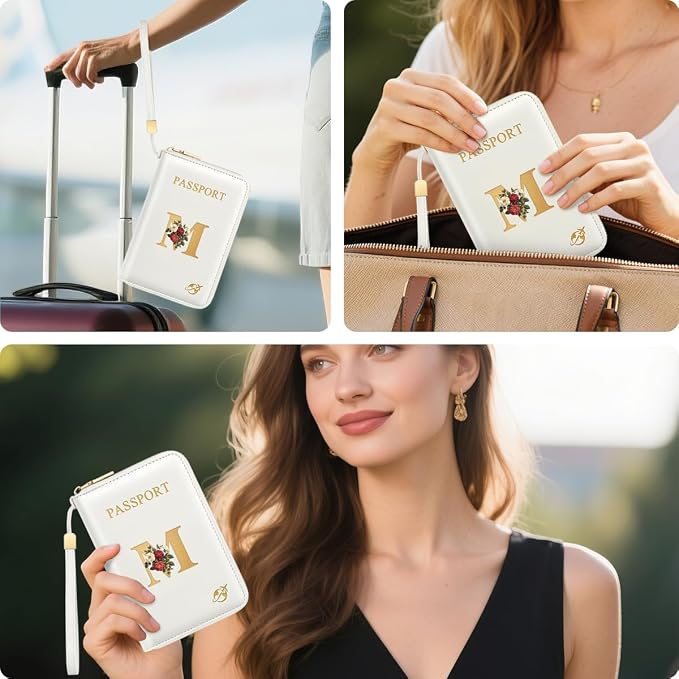 Passport Holder for Travel Personalized Wallet with Wristlet Women | All-in-One Passport Cover, RFID Blocking, Back Coin Pocket, Paper Money Slot, Zipper Closure, Roses Initial Letter, White M