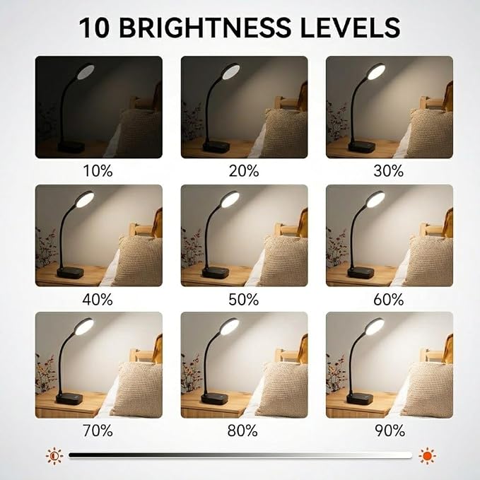 Desk lamps for home office,Black,Battery desk lamp,5W Rechargeable desk lamp,3 Colors,Adjustable brightness,360°Gooseneck Hose,Small rechargeable reading lamp,Eye-friendly and Energy Saving