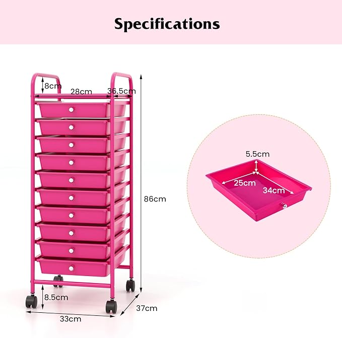 Storage Cart, Rolling Utility Cart with 10 Drawers, Portable Handles & Lockable Wheels, Mobile Paper Toys Storage Organizer Large Capacity for Home Office School Teacher (Hot Pink)