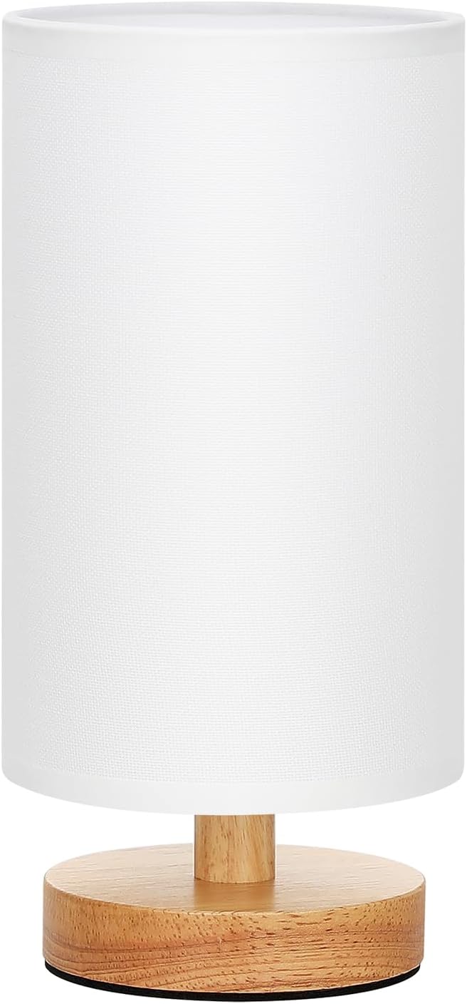 Small Table Lamps (White Shade - Wood Base, 9" Inline Control) | 3000K LED Blub Included | 680 Lumens | Easy Assembly | Minimalist Design | E26 | for Kitchen | for Kids Room